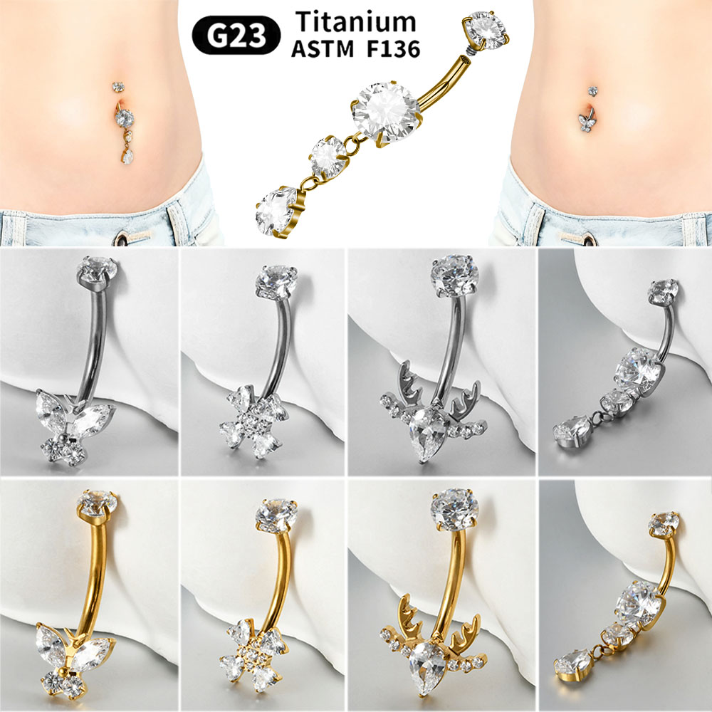 Belly Bar Titanium - 1 шт., титановый цветок/бабочка, циркон, пупок